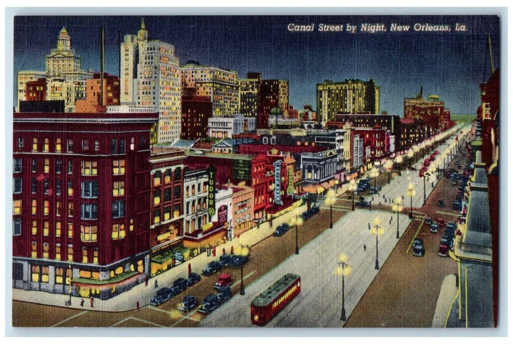 c1940 Canal Street Night Streetcar Exterior Road New Orleans Louisiana Postcard