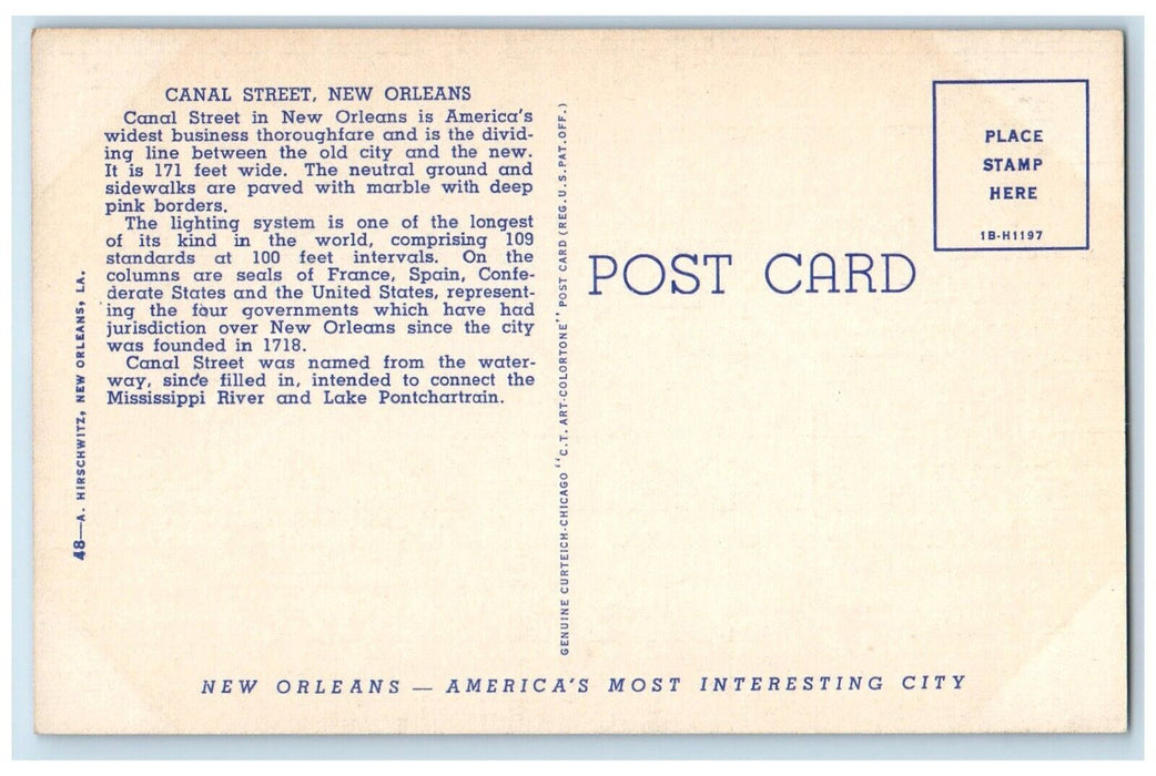 c1940 Canal Street Night Streetcar Exterior Road New Orleans Louisiana Postcard