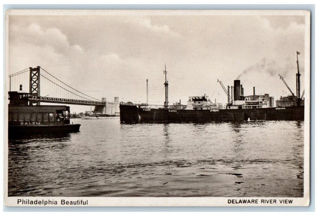 c1920's Delaware River Bridge View Ships Philadelphia PA RPPC Photo Postcard