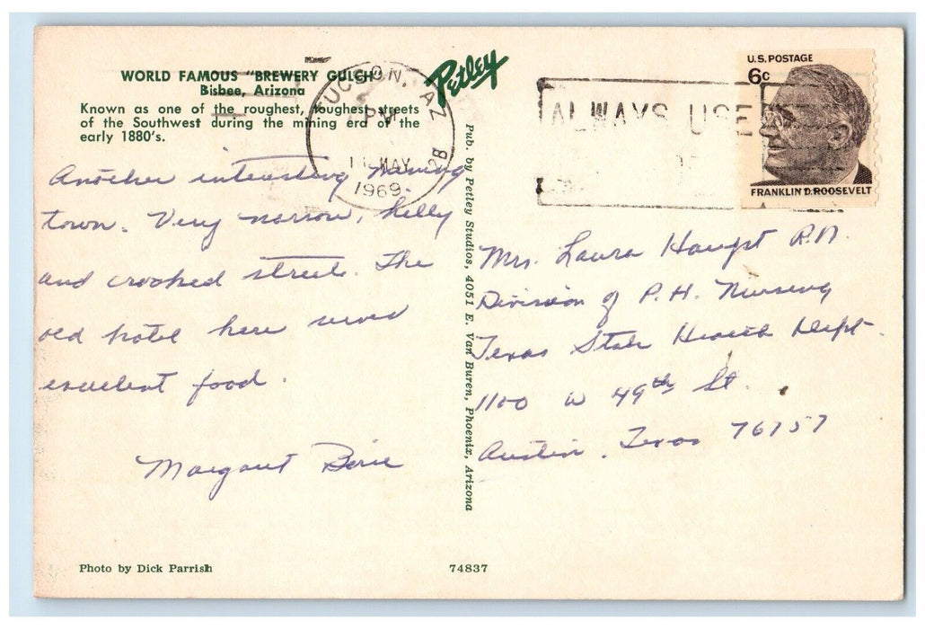 1969 Brewery Gulch Cars Buildings Bisbee Arizona AZ Posted Vintage Postcard