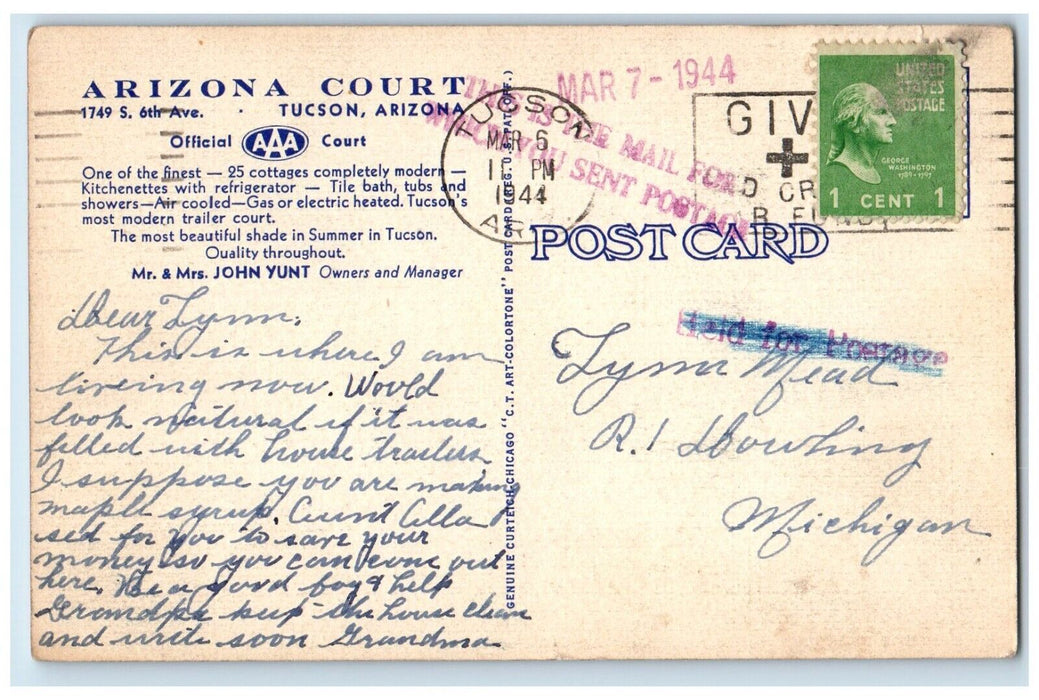 1944 Arizona Court Motel Roadside Tucson Arizona AZ Posted Vintage Postcard