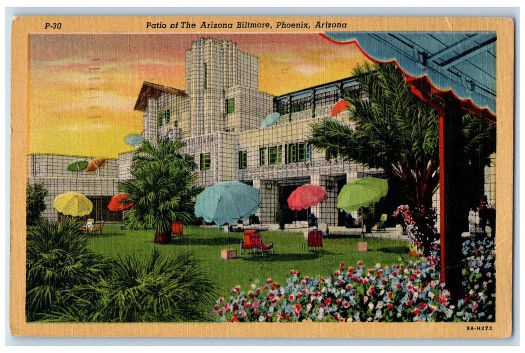 1952 Patio Of The Arizona Biltmore Umbrella Flowers Phoenix Arizona AZ Postcard
