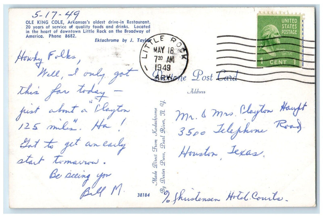 1949 Ole King Cole Restaurant Car Little Rock Arkansas AR Vintage Postcard
