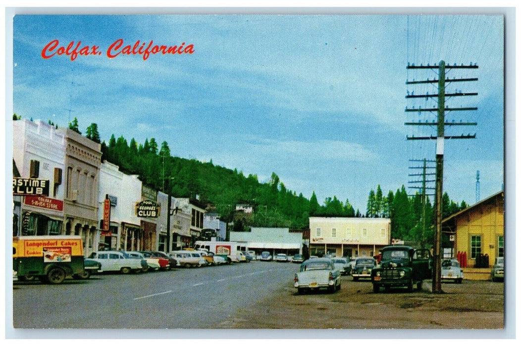 c1950's Sierra Nevada Mountains Club Cars Stores Colfax California CA Postcard