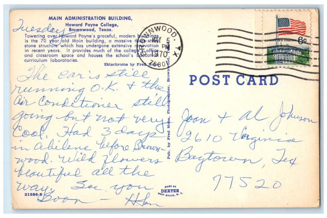 1970 Main Administration Building Brownwood Texas TX Posted Vintage Postcard