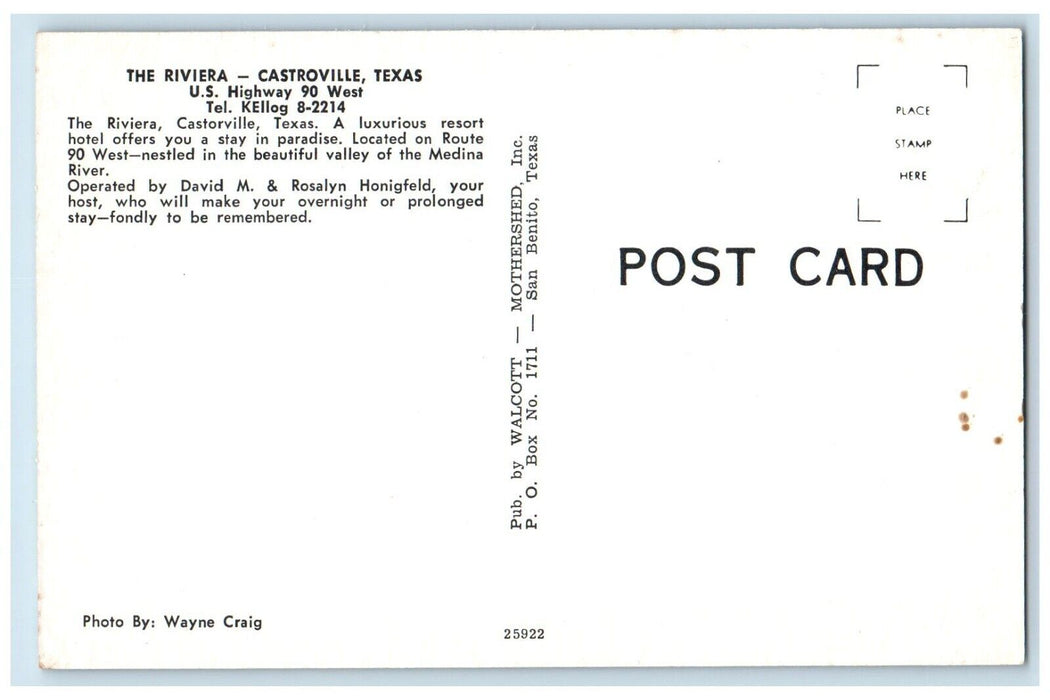 c1960's The Riviera Motel Car Castroville Texas TX Unposted Vintage Postcard