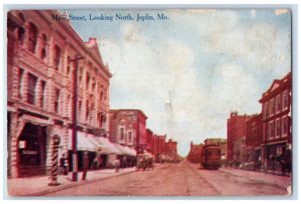 1913 Trolley Car Main Street Looking North Joplin Missouri MO Postcard