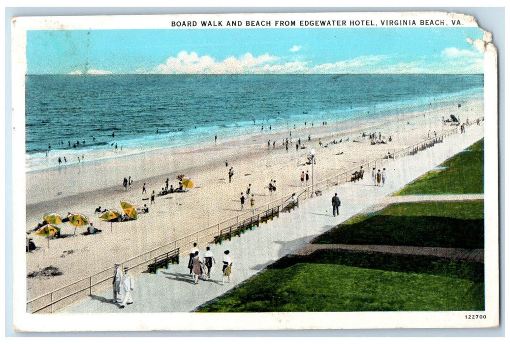 1929 Board Walk and Beach from Edgewater Hotel Virginia Beach VA Postcard