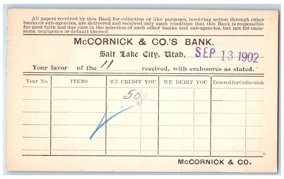 1902 McCornick & Co.'s Bank Salt Lake City Utah UT Antique PMC Postcard