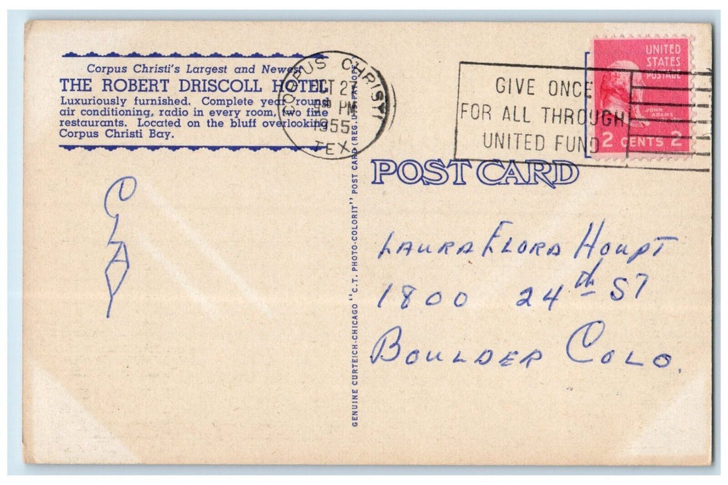 c1955 Exterior Robert Driscoll Hotel Building Corpus Christi Texas TX Postcard