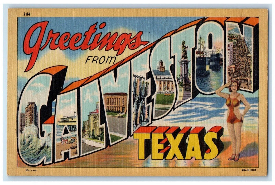 1940 Greetings From Galveston Texas Banner Large Letter Antique Vintage Postcard