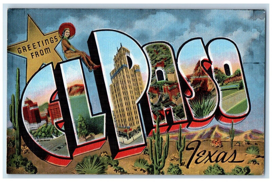 c1940 Greetings From El Paso Texas Banner Large Letter Vintage Antique Postcard