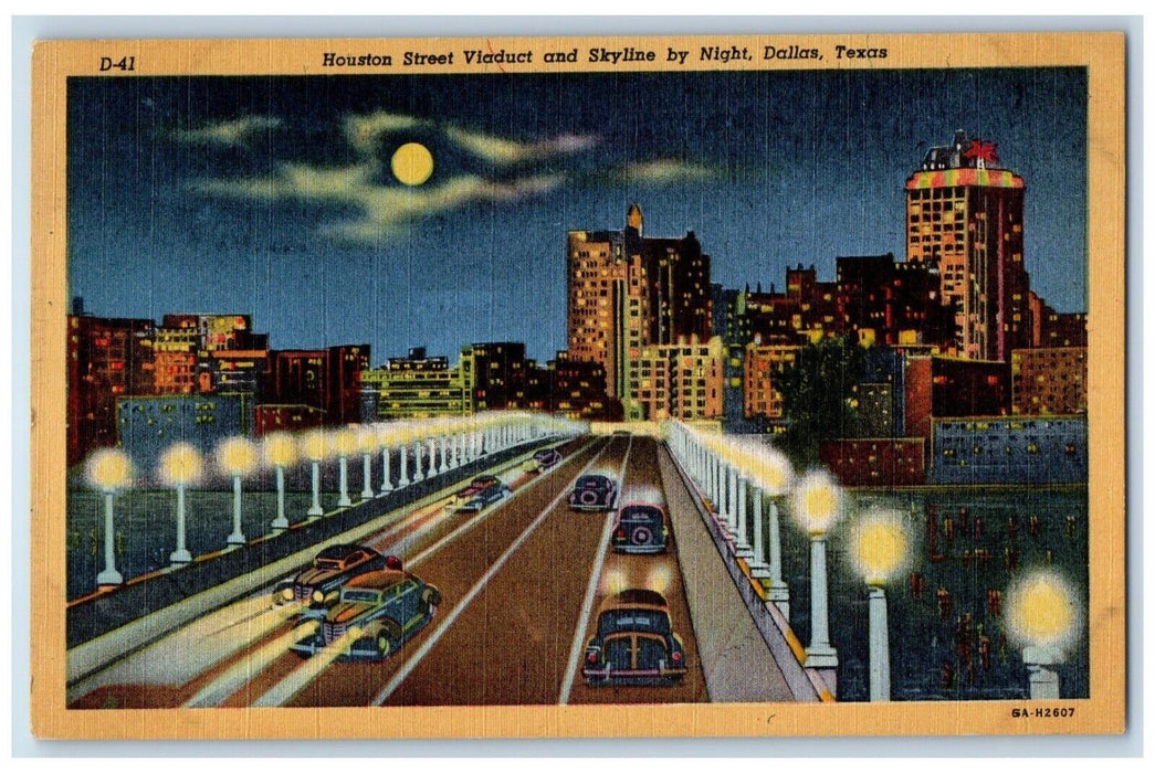 c1940 Houston Street Viaduct Skyline Night Moon Dallas Texas TX Vintage Postcard