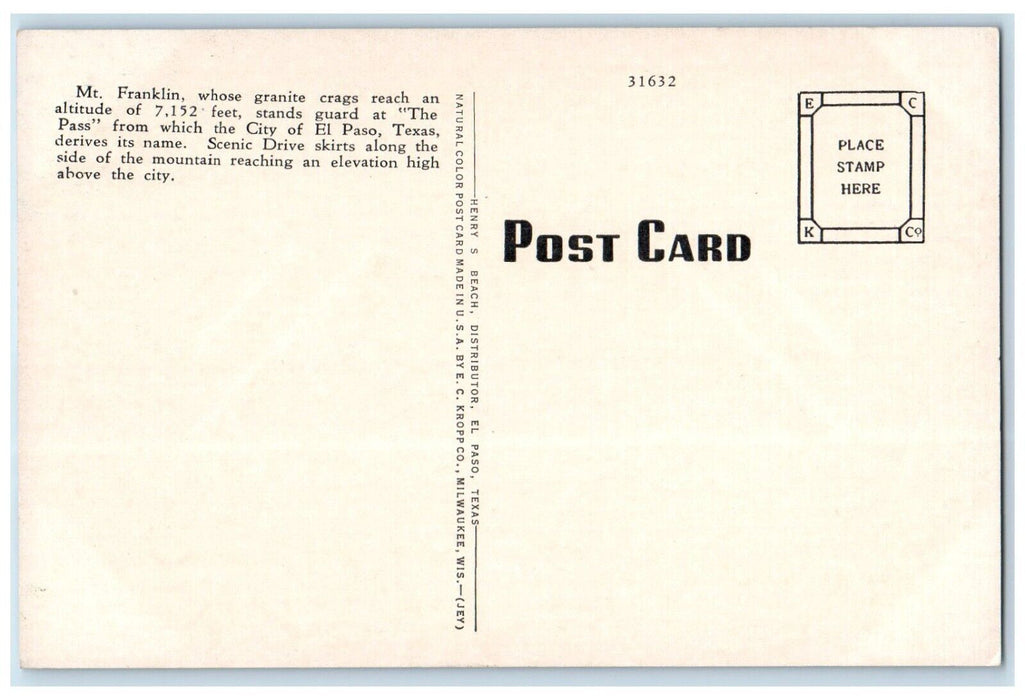 c1940 Overlooking Mt Franklin El Paso Texas TX Antique Unposted Vintage Postcard