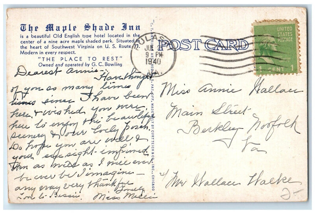 1940 Maple Shade Inn The Place to Rest Pulaski Virginia VA Vintage Postcard