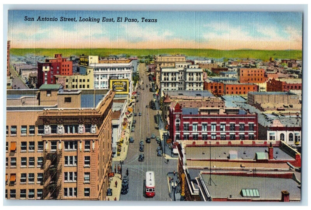 c1940 Aerial View San Antonio Street Looking East El Paso Texas Vintage Postcard