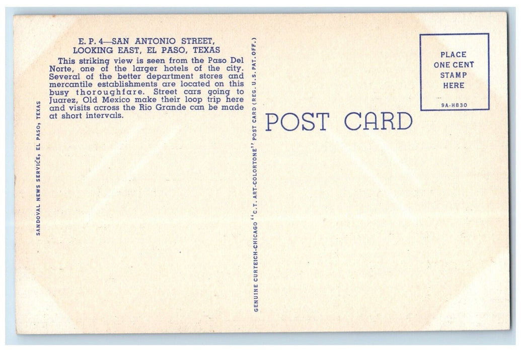 c1940 Aerial View San Antonio Street Looking East El Paso Texas Vintage Postcard