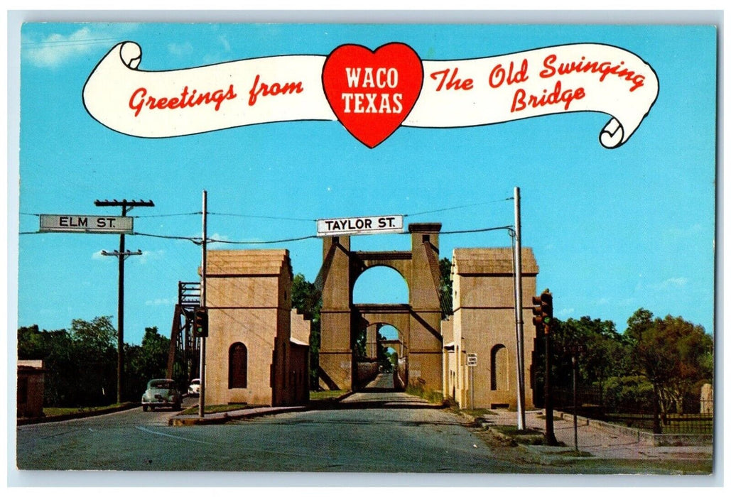 1960 Greetings From Waco Texas Old Swinging Bridge Elm Taylor Street TX Postcard