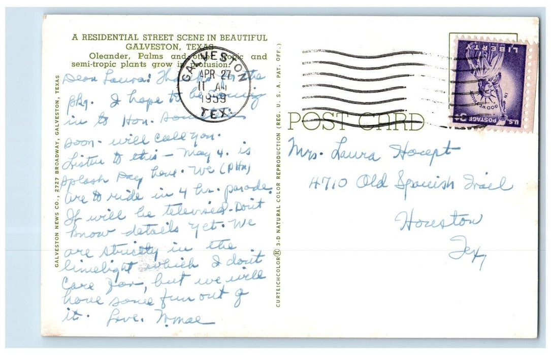 1959 Residential Street Road Palm Scene Galveston Texas Antique Vintage Postcard