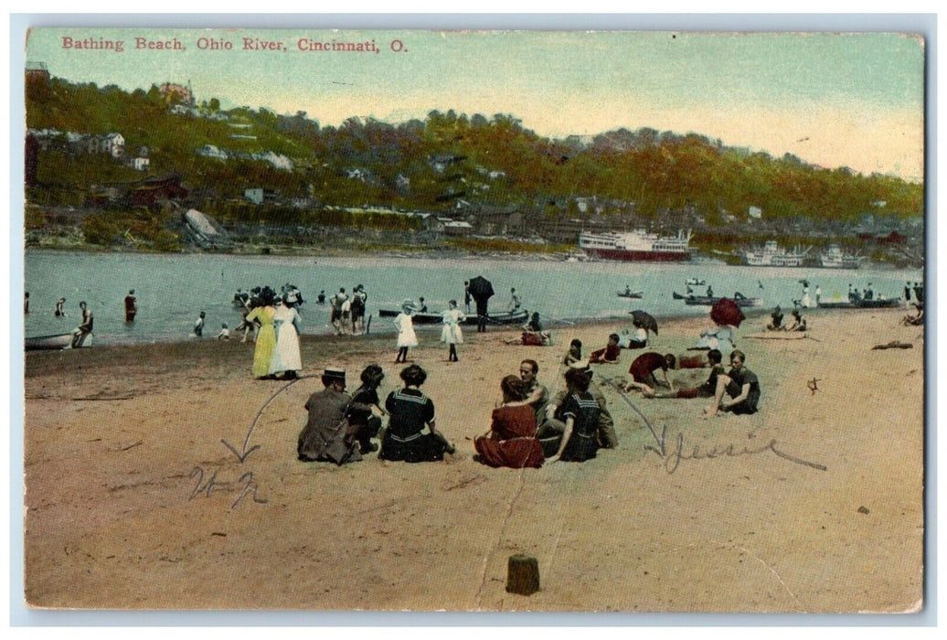 c1917 Bathing Beach Ohio River Canoe Boat Steamer Sand Cincinnati Ohio Postcard