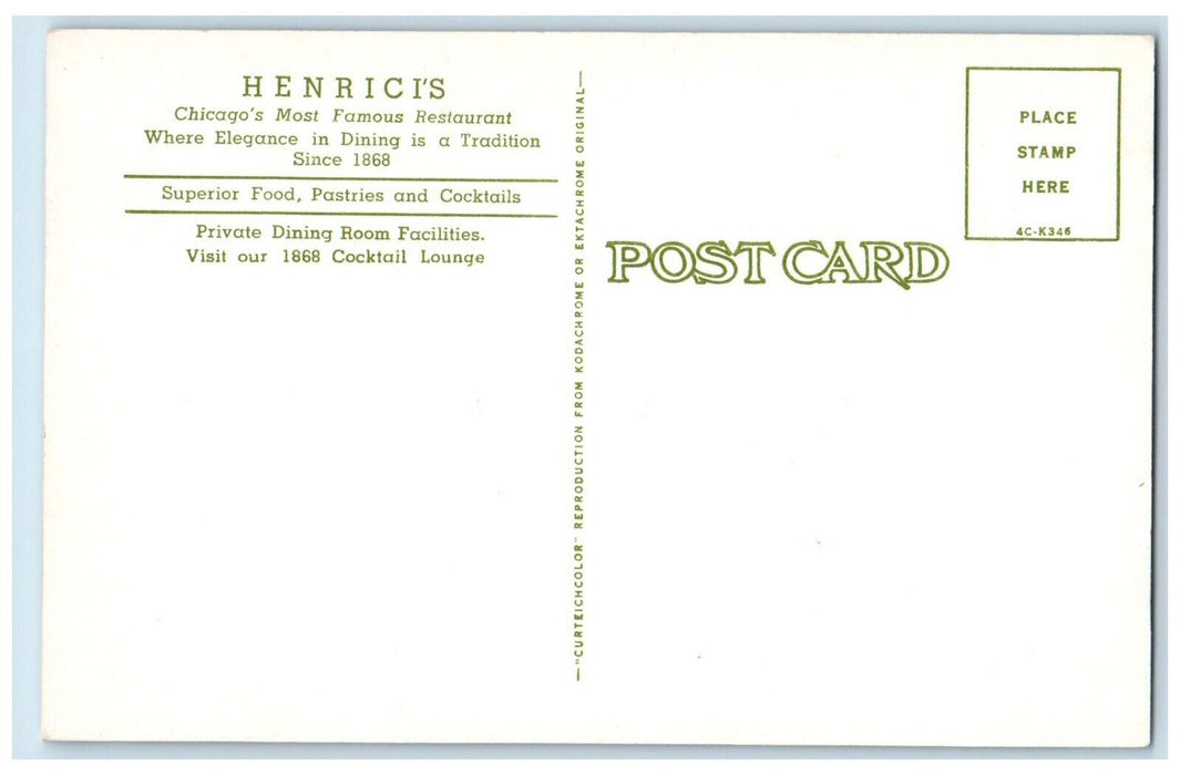 c1950's Henrici's Interior Dining Chicago's Famous Restaurant IL Postcard
