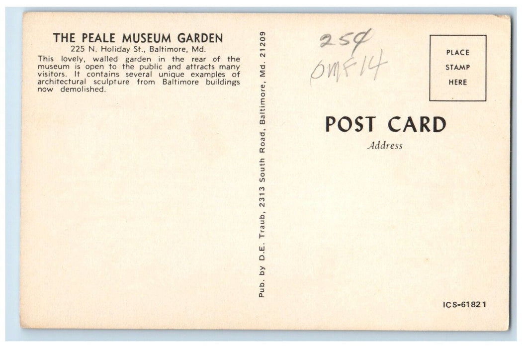 c1960 Peale Museum Garden Holiday Exterior Chair St. Baltimore Maryland Postcard