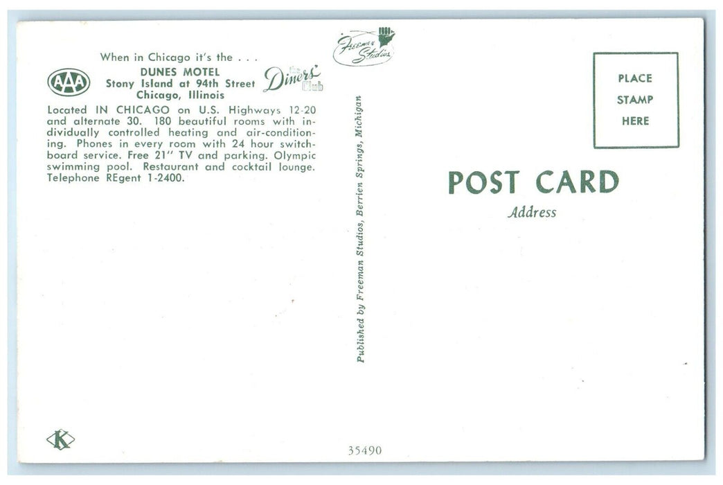 c1950's Big Signage Dunes Motel Chicago Illinois IL Unposted Vintage Postcard