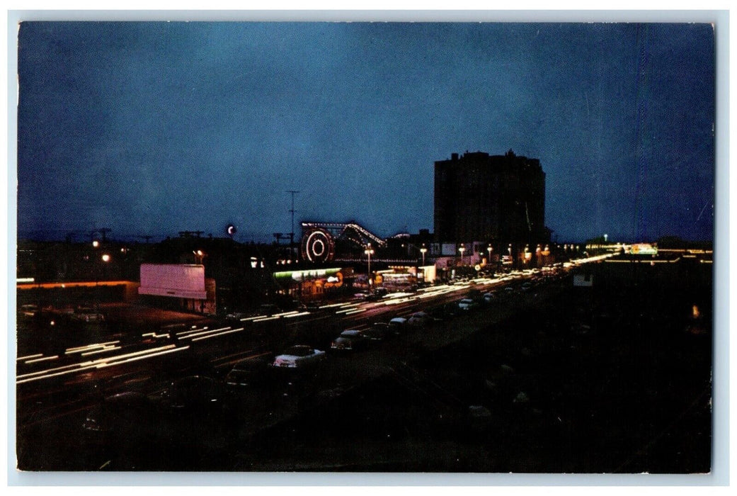 1959 Aerial View Beach Boulevard Night Scene Galveston Texas TX Vintage Postcard