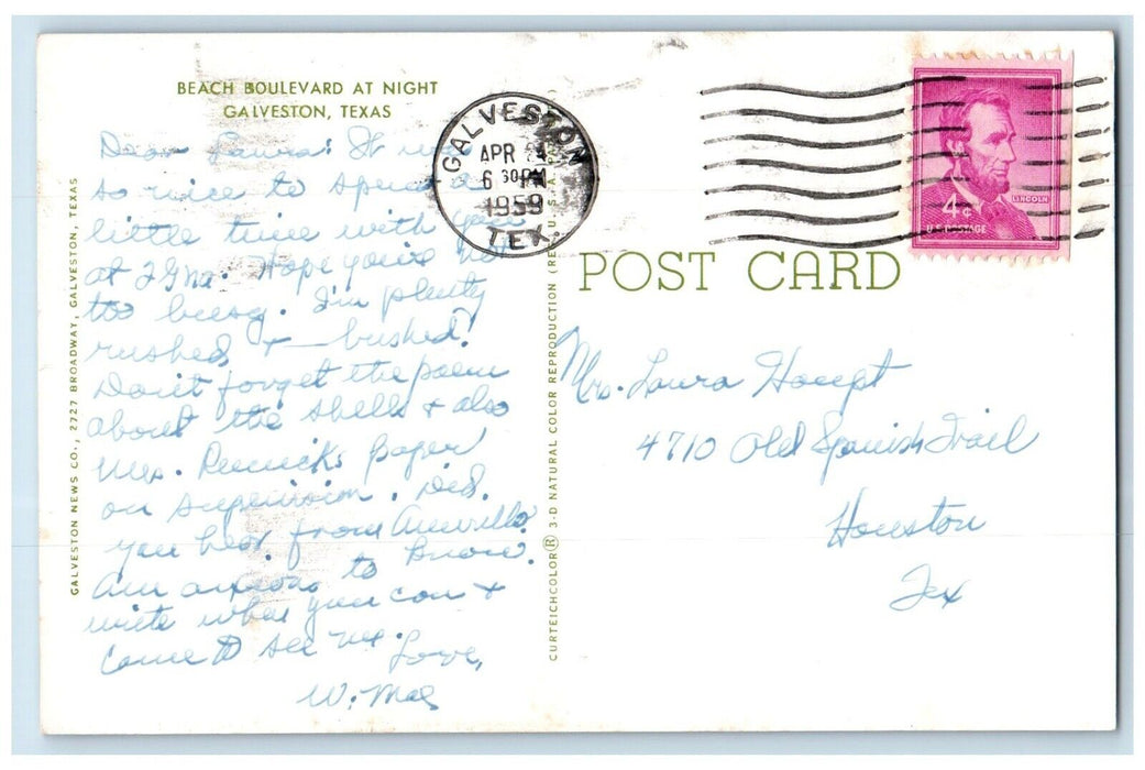1959 Aerial View Beach Boulevard Night Scene Galveston Texas TX Vintage Postcard