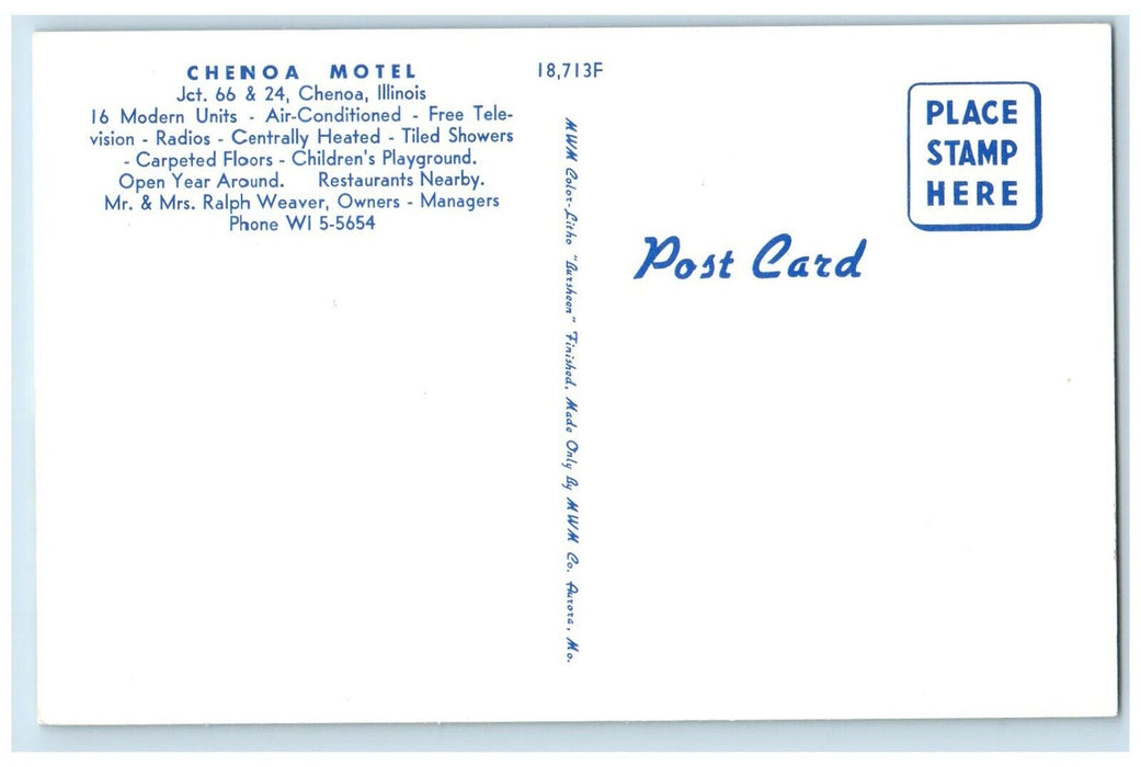 c1950's Chenoa Motel Chenoa Illinois IL Unposted Vintage Postcard