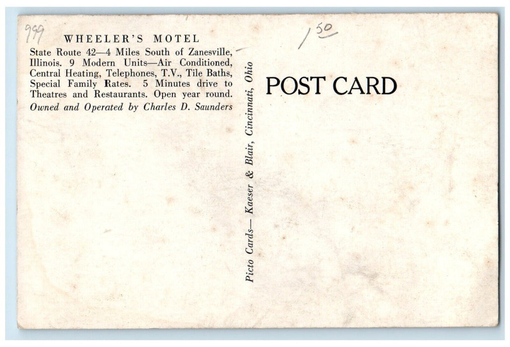 c1950's Wheeler's Motel Zanesville Illinois IL Unposted Vintage Postcard