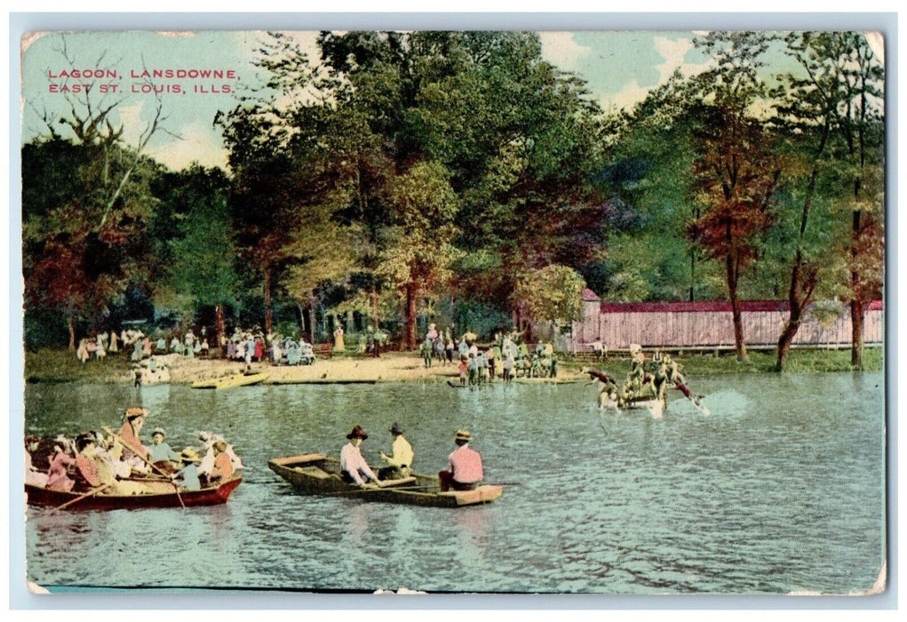 1911 Boating at Lagoon Lansdowne East St. Louis Illinois IL Antique Postcard
