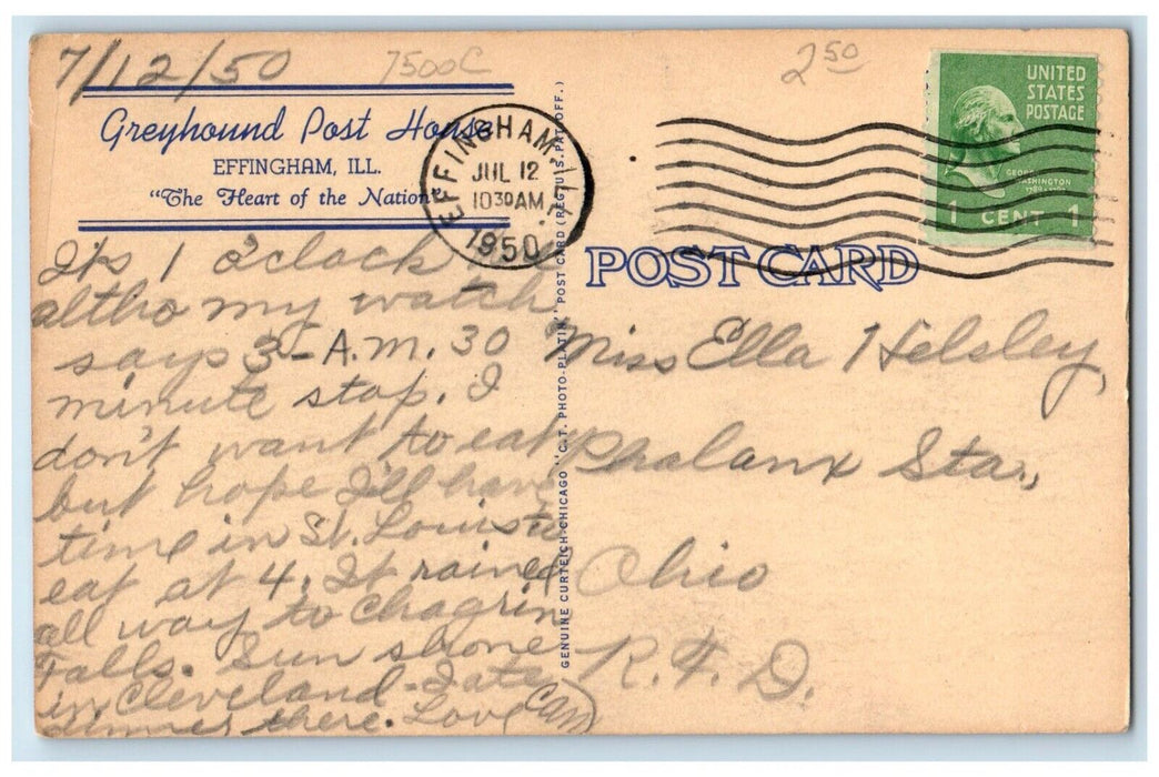 1950 Greyhound Post House Fine Food Effingham Illinois IL Vintage Postcard