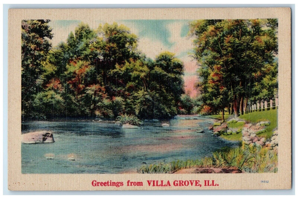 c1930's River Scene Greetings from Villa Grove Illinois IL Vintage Postcard