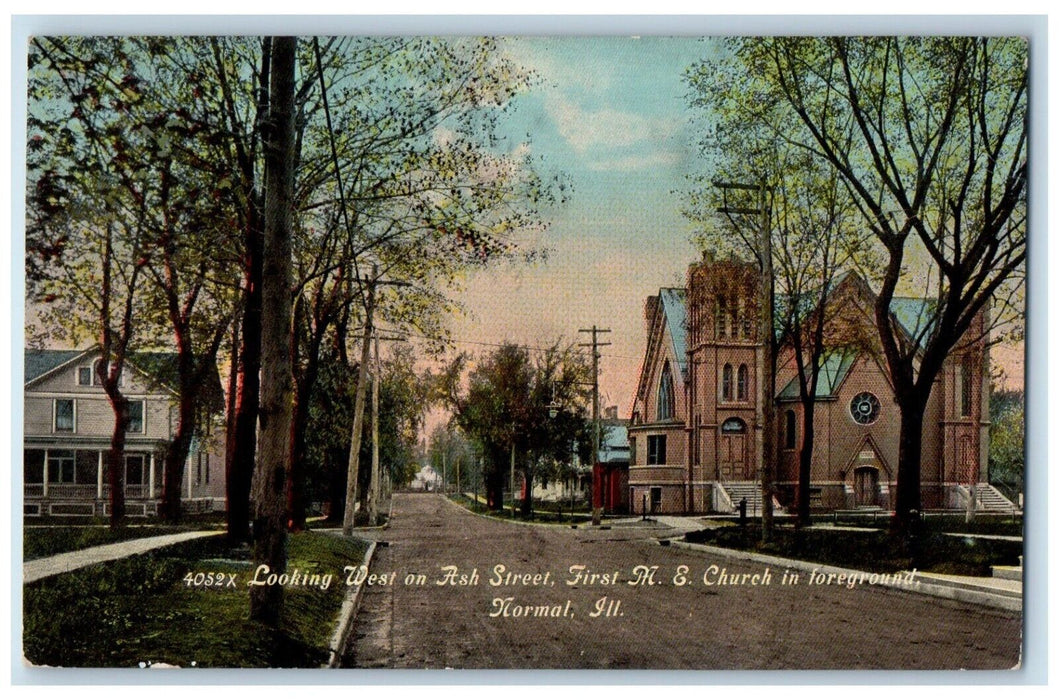 c1910 Looking West on Ash Street First ME Church Normal Illinois IL Postcard