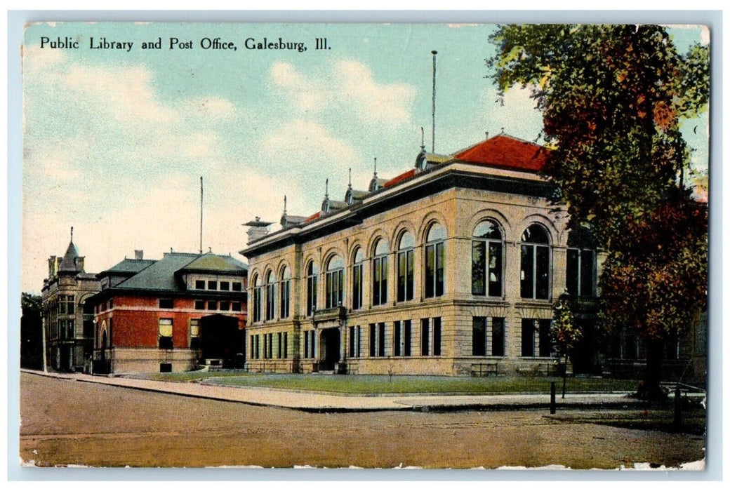 1910 Public Library and Post Office Galesburg Illinois IL Antique Postcard