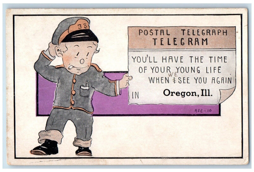 1913 Postal Telegraph Telegram Train Officer Comic Oregon Illinois IL Postcard
