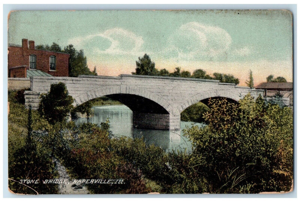 1909 View of Stone Bridge Naperville Illinois IL Antique Posted Postcard