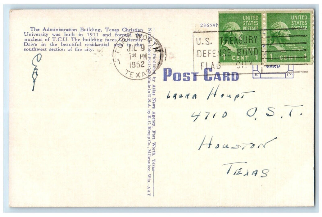 1952 Exterior View Administration TCU Building Fort Worth Texas Antique Postcard