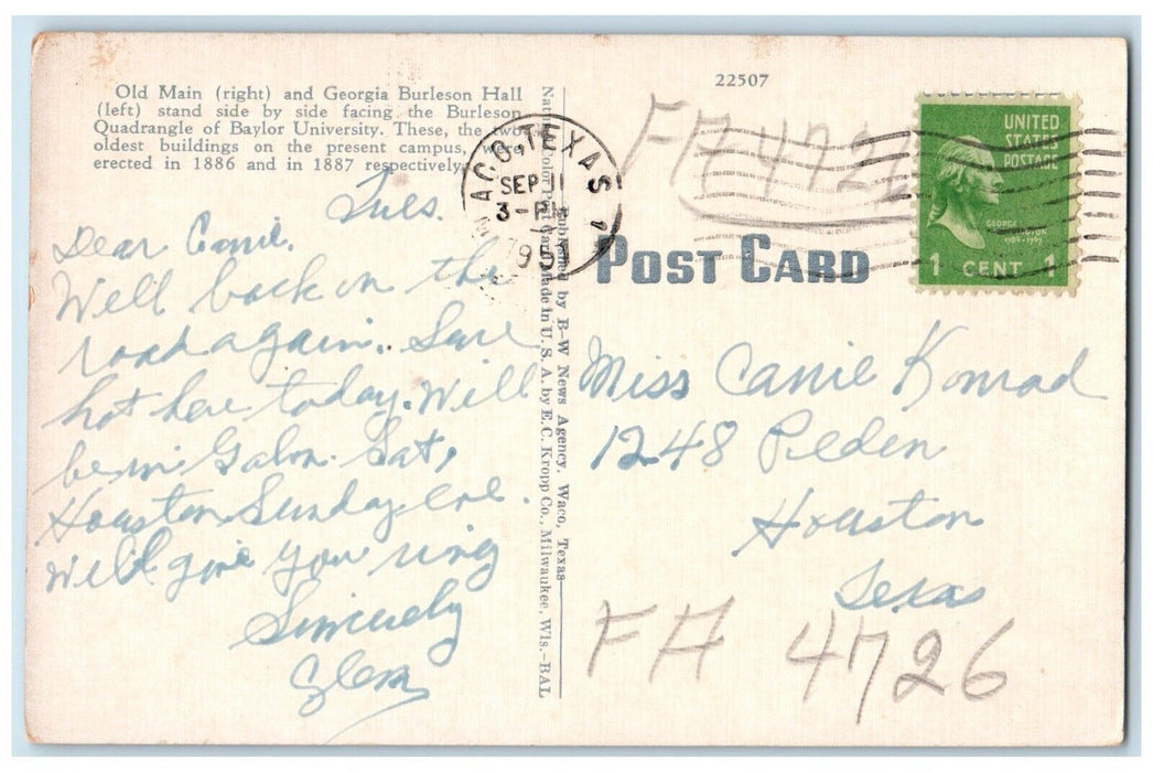 c1951 Georgia Burleson Hall Old Main Baylor University Waco Texas TX Postcard