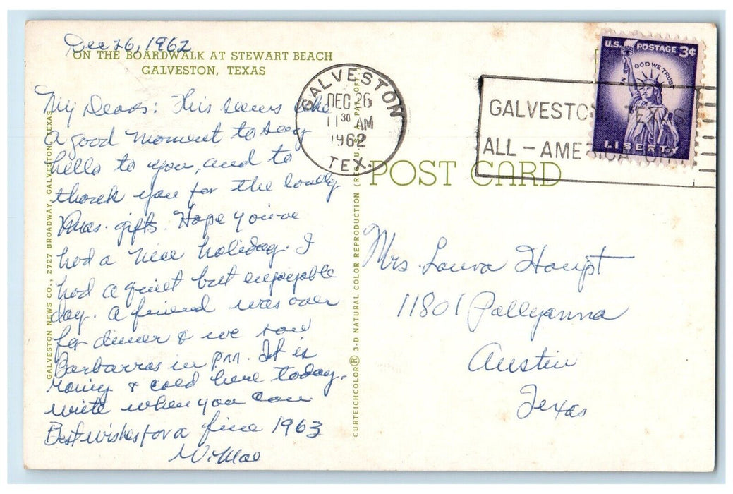 1962 Boardwalk Stewart Beach Galveston Texas TX Vintage Antique Posted Postcard