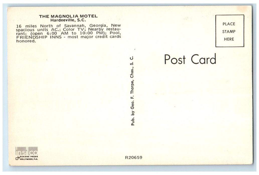 c1950's The Magnolia Motel Friendship Inns Hardeeville SC Vintage Postcard