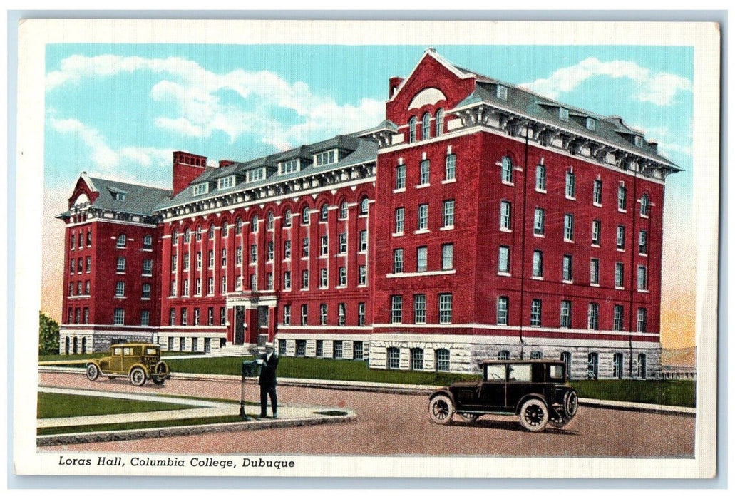 c1920 Loras Hall Columbia College Building Classic Car Dubuque Iowa IA Postcard