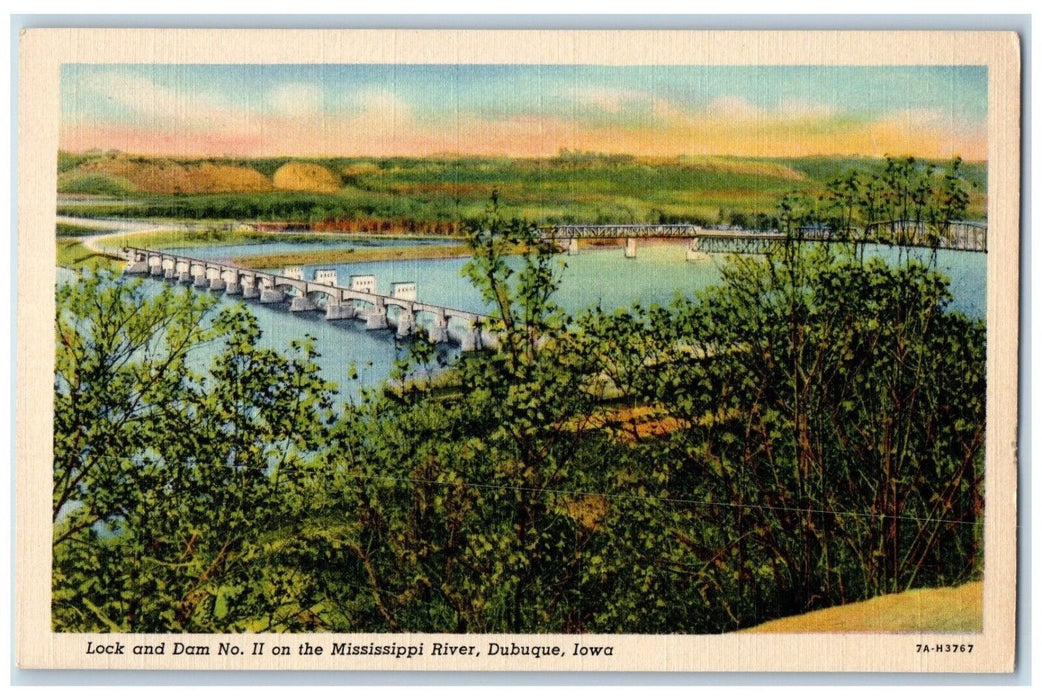 c1940 Overlooking Lock & Dam Mississippi River Dubuque Iowa IA Antique Postcard