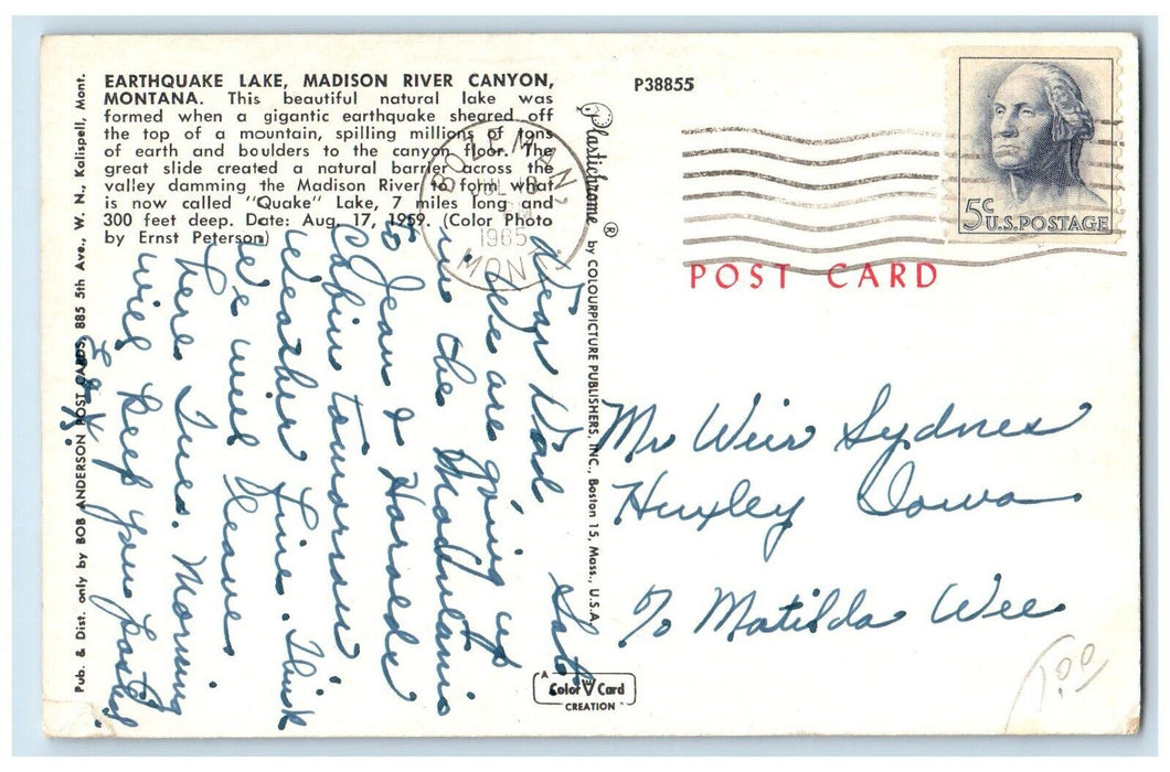 1965 Earthquake Lake Madison River Canyon Montana MT Posted Vintage Postcard