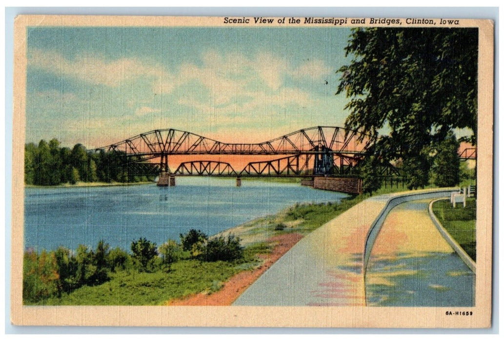 1947 Scenic View Mississippi & Bridges Road River Clinton Iowa Vintage Postcard