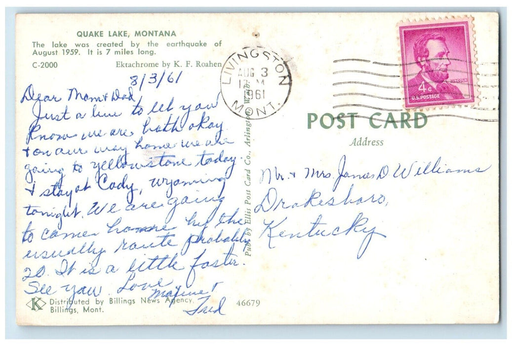 1961 Quake Lake Montana MT, Earthquake Of August 1959 Posted Vintage Postcard
