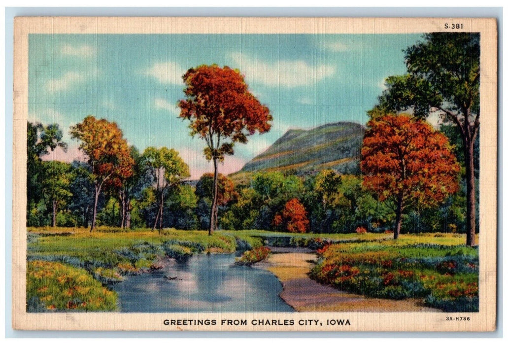 1937 Greetings From Charles City Iowa IA River Mountain Trees Antique Postcard