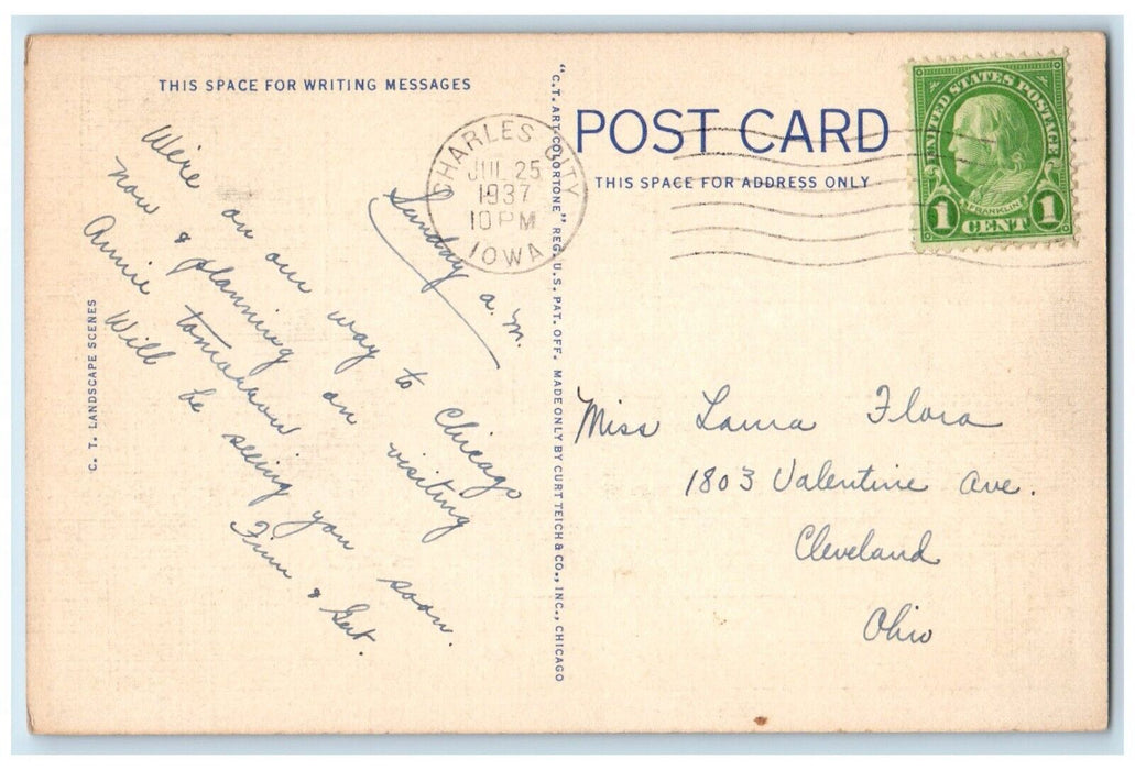 1937 Greetings From Charles City Iowa IA River Mountain Trees Antique Postcard