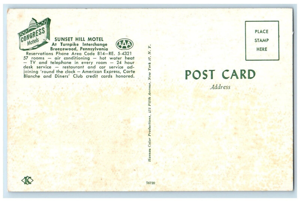 c1950's Sunset Hill Motel Breezewood Pennsylvania PA, Multiview Vintage Postcard